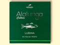 A tin of sea bass in pesto in green card packaging against a pale yellow background. The packaging has Alalunga written in silver lettering above a white illustration of a sea bass, and a green strip along the bottom.
