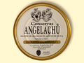 A tin of 32 cantabrian anchovy fillets in a circular white container with golden borders, set against a yellow backdrop.