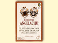 A tin of large Cantabrian anchovies in rectangular cream packaging with a brown border, against a pale yellow wood background.