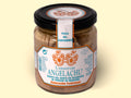 White tuna fillets in apple vinegar in a glass jar from the brand Angelachu.