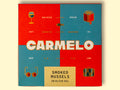 Carmelo smoked mussels in a colourful orange and blue box with golden illustrations.