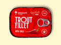 Trout fillet with chilli in extra virgin olive oil, packaged in a red tin with black borders with an illustration of a chilli pepper.