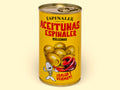 A yellow tin of olives, with an image of green olives and an anchovy fillet on the front, and Aceitunas Espinaler in red lettering written at the top.