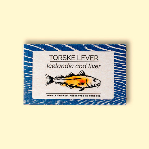 A tin of Icelandic cod liver in white and blue packaging, featuring an illustration of a cod with the text "lightly smoked" beneath.