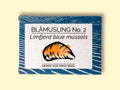 A rectangular box with a blue border and an image of a mussel shell painted orange on the front.