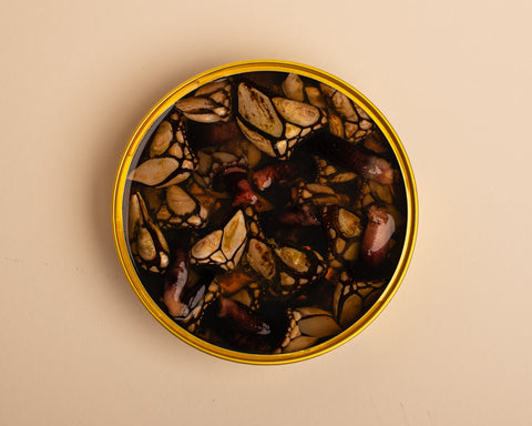 An open golden tin of goose barnacles set against a pale background.