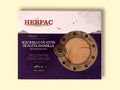 A tin of yellowfin tuna sirloin in rectangular card packaging. The Herpac logo is written in red lettering above a purple sea with seagulls flying over it. There is a golden porthole on the right hand side of the packaging through which you can see the light peach coloured tuna sirloin.