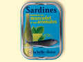 La Belle Iloise sardines with muscadet wine, in a blue tin illustrated with a wine bottle, grapes and a fish.