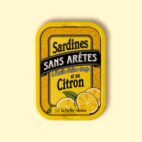 La Belle Iloise boneless sardines with lemon, in a yellow lemon illustrated tin.