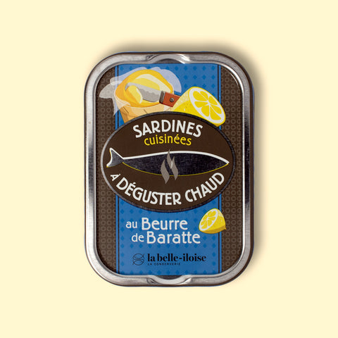 La belle Iloise sardines in churned butter from Normandy with a hint of lemon. Packaged in a lemon and fish illustrated tin.