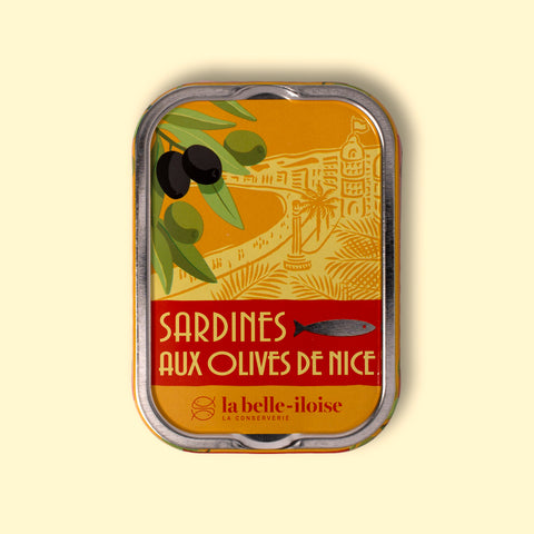 La Belle Iloise sardines with Niçoise olives in an orange illustrated tin.