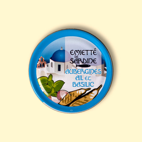 La Belle Iloise slow-cooked sardine spread with aubergine, garlic and basil, in a bright illustrated tin.
