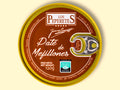 A circular tin of mussel pâté with a gold-coloured border, a silver ring pull, and a reddish brown label with the Los Peperetes logo at the top and pate de mejillones written in white lettering beneath it.