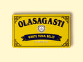 A tin of tuna belly in a rectangular yellow box with blue lettering and a gold border.