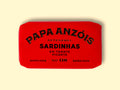 A tin of sardines in spicy tomato sauce in bright red packaging, with Papa Anzóis displayed at the top.