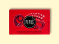 Diced squid in vegetable oil from the brand Pepus, in a red illustrated box feauturing a tentacle.