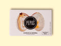 A tin of clams in white packaging with an image of an open clam with the Pepus logo on the front