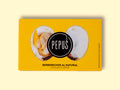 A tin of cockles in yellow card packaging with an image of an open cockle and the round Pepus logo on the front
