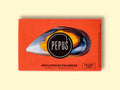 A tin of mussels in rectangular orange card packaging with an image of an orange mussel in its shell with the Pepus circular logo overlaid