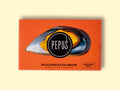 A tin of mussels in rectangular orange card packaging. There is an image of an orange mussel in its shell with the Pepus circular logo overlaid