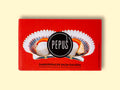 A tin of scallops in rectangular red card packaging. There is an image of two scallops in their shells with the Pepus circular logo overlaid.