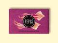 A purple rectangular box with an image of two squid on the front, overlaid with the round Pepus logo