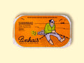 Tinned sardines in an orange paper wrap with an image of a fisherman mending a fishing net by the Pinhais logo.