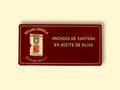 Solano Arriola small anchovies in a burgundy box with gold writing and traditional coat of arms illustrations.
