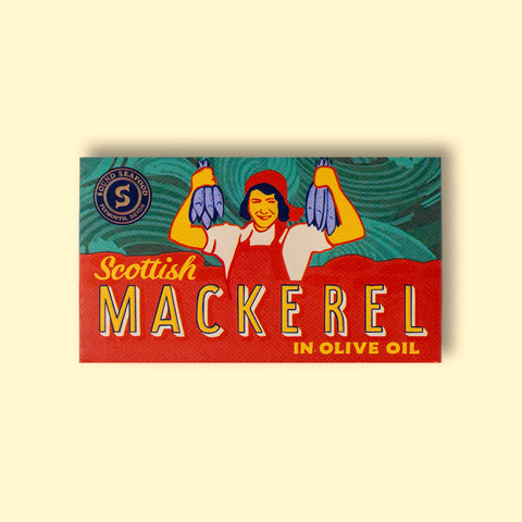 Sound Seafood Scottish Mackerel in an illustrated box featuring a fishmonger holding handfuls of fish.