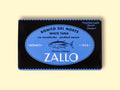 A rectangular tin of tuna with blue and black packaging with a drawing of a tuna fish on the front and Zallo written in white lettering