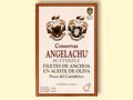 A tin of butterfly anchovies in white card packaging with brown borders, featuring the text "Conservas Angelachu" on the front.