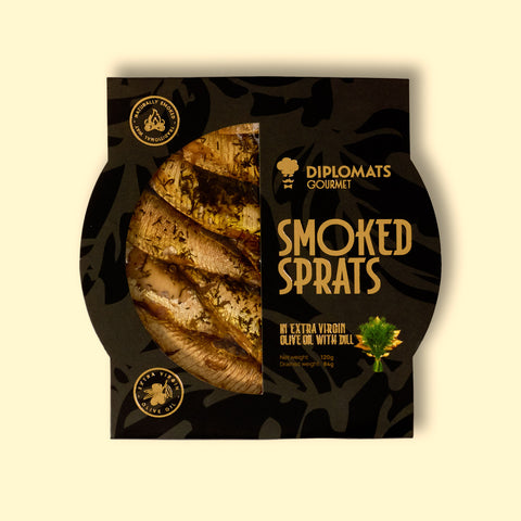 Smoked sprats in extra virgin olive oil, presented in a semi-open black packaging, showing sprats lightly covered in green dill.
