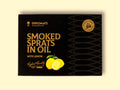 A black rectangular tin with smoked sprats in oil written on it in yellow lettering by a small image of bright yellow lemons. A pale grey geometric design created out of fish is on the right of the tin. The tin is against a pale yellow background.