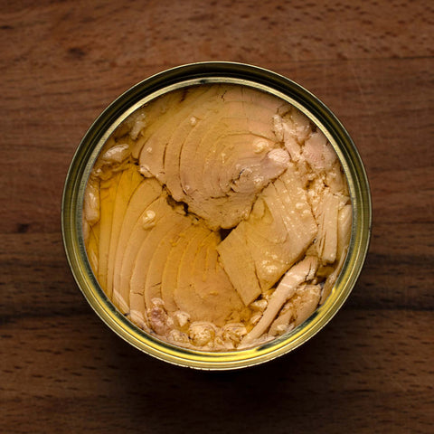 An open circular gold tin of tuna in olive oil against a dark wood background