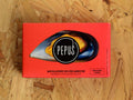 A tin of mussels in rectangular orange card packaging with an image of an orange mussel in its shell with the Pepus circular logo overlaid