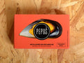 A tin of mussels in rectangular orange card packaging. There is an image of an orange mussel in its shell with the Pepus circular logo overlaid