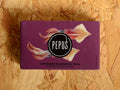 A purple rectangular box with an image of two squid on the front, overlaid with the round Pepus logo