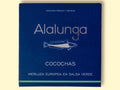 A tin of hake cheeks in green sauce, in square, blue, card packaging with Alalunga written in silver lettering above an illustration of a hake.
