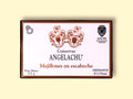A tin of mussels in rectangular white card packaging with a black border with Angelachu written below two coats of arms