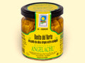 A jar of white tuna fillets in a golden-coloured extra virgin olive oil. There is a green and yellow label on the jar with Bonito del Norte written in black lettering and Conservas Angelachu written in green beneath.