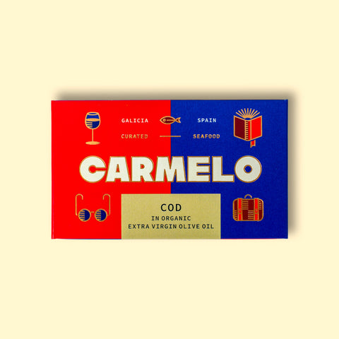 Carmelo cod in organic extra virgin olive oil, in a red and blue box decorated with illustrations. 