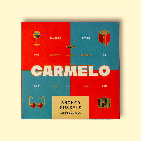 Carmelo smoked mussels in a colourful orange and blue box with golden illustrations.