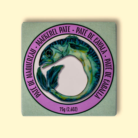 Mackerel pate in a card box with a fish illustration on a light green background and a design in purple, blue and green