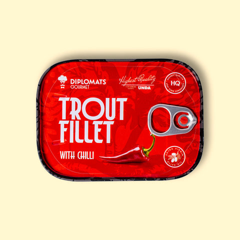 Trout fillet with chilli in extra virgin olive oil, packaged in a red tin with black borders with an illustration of a chilli pepper. 