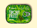 Trout fillet with dill in extra virgin olive oil, packaged in green with black borders, featuring an image of fresh dill. 
