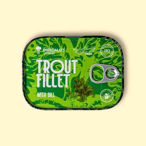 Trout fillet with dill in extra virgin olive oil, packaged in green with black borders, featuring an image of fresh dill. 