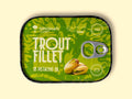 Trout fillet in pistachio oil in green packaging with black borders, featuring an image of pistachio nuts. 