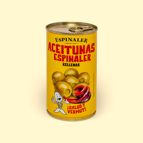A yellow tin of olives, with an image of green olives and an anchovy fillet on the front, and Aceitunas Espinaler in red lettering written at the top.