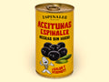 A yellow can of black olives, featuring an image of olives above a cartoon illustration of a fish skeleton, set against a wooden backdrop. 