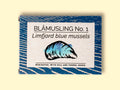 A tin with a drawing of a blue mussel on the front and dark blue waves round the border